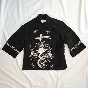 Vtg Sue Wong Silk Wrap Jacket Blouse Womens S Mandarin Collar Embroidered Floral